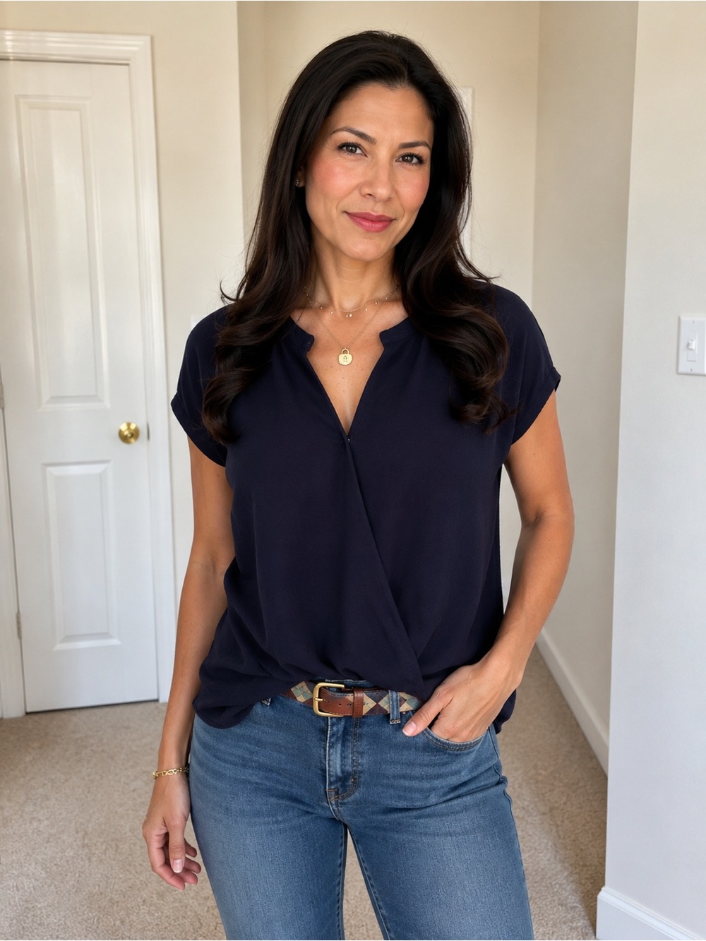 Francesca's Navy Faux-Wrap Short Sleeve Blouse